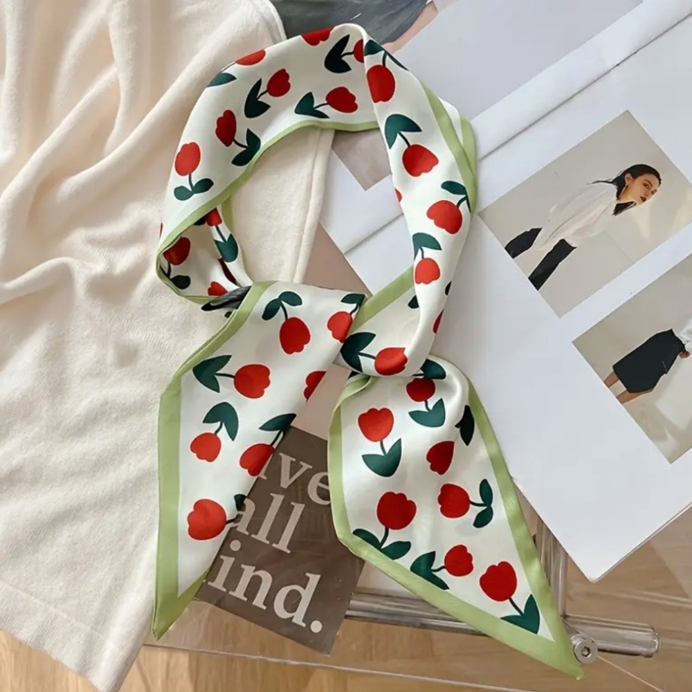 Satin Printed Twillies 4pcs Green Patterned Scarves - Picture 4 of 9